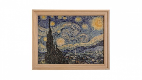 Print on framed Oak wood: Vincent Van Gogh The Starry Night, Printed reproduction on framed  Oak wood, Natural Oak wood frame